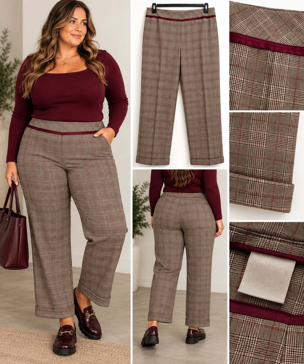 Due Per Due Women’s Size 16 Plaid Cropped Pants Burgundy Trim Stretch